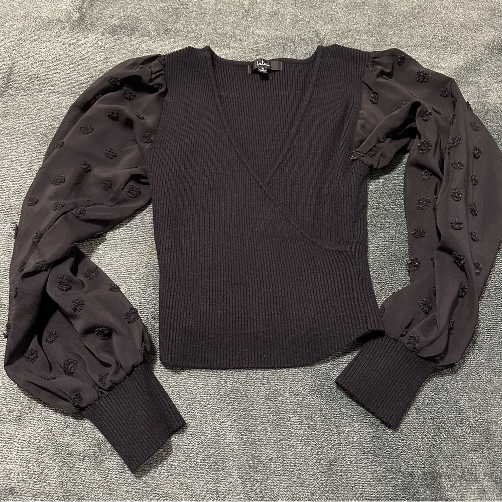 Lulus Black Ribbed Swiss Dot Balloon Sleeve Top Sweater